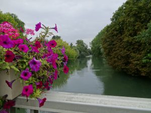 Mery-sur-Seine naar Troyes kanaal bloemen op de brug